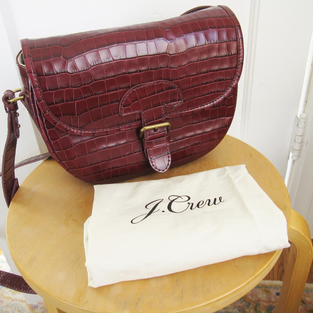 NWT J. Crew Classic large saddle bag croc-embossed leather Burgundy Dark Red